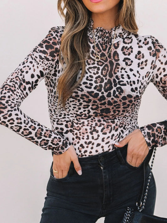 Leopard Print Long Sleeve Mock Neck Bodysuit - Velora Luxury Fashion