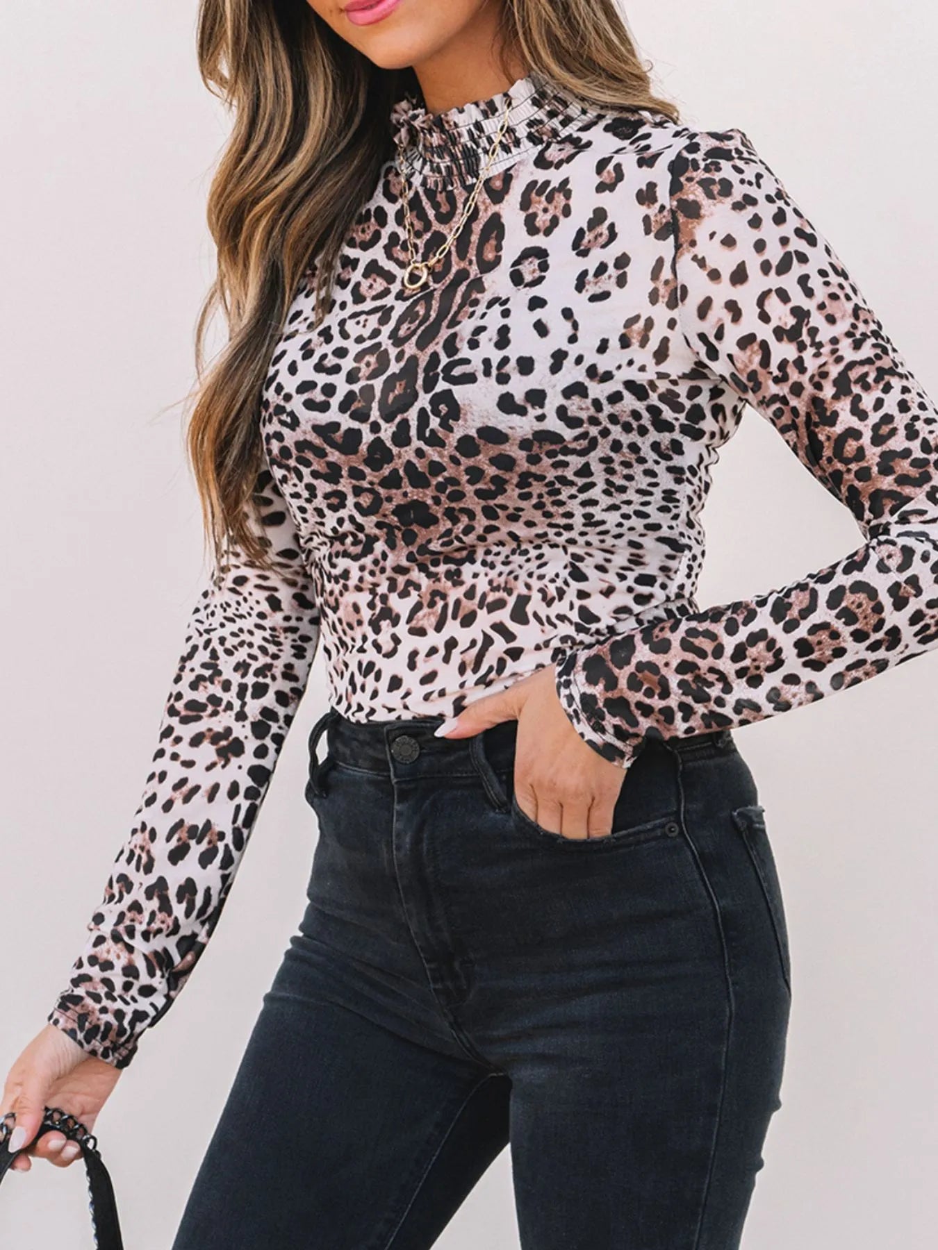 Leopard Print Long Sleeve Mock Neck Bodysuit - Velora Luxury Fashion