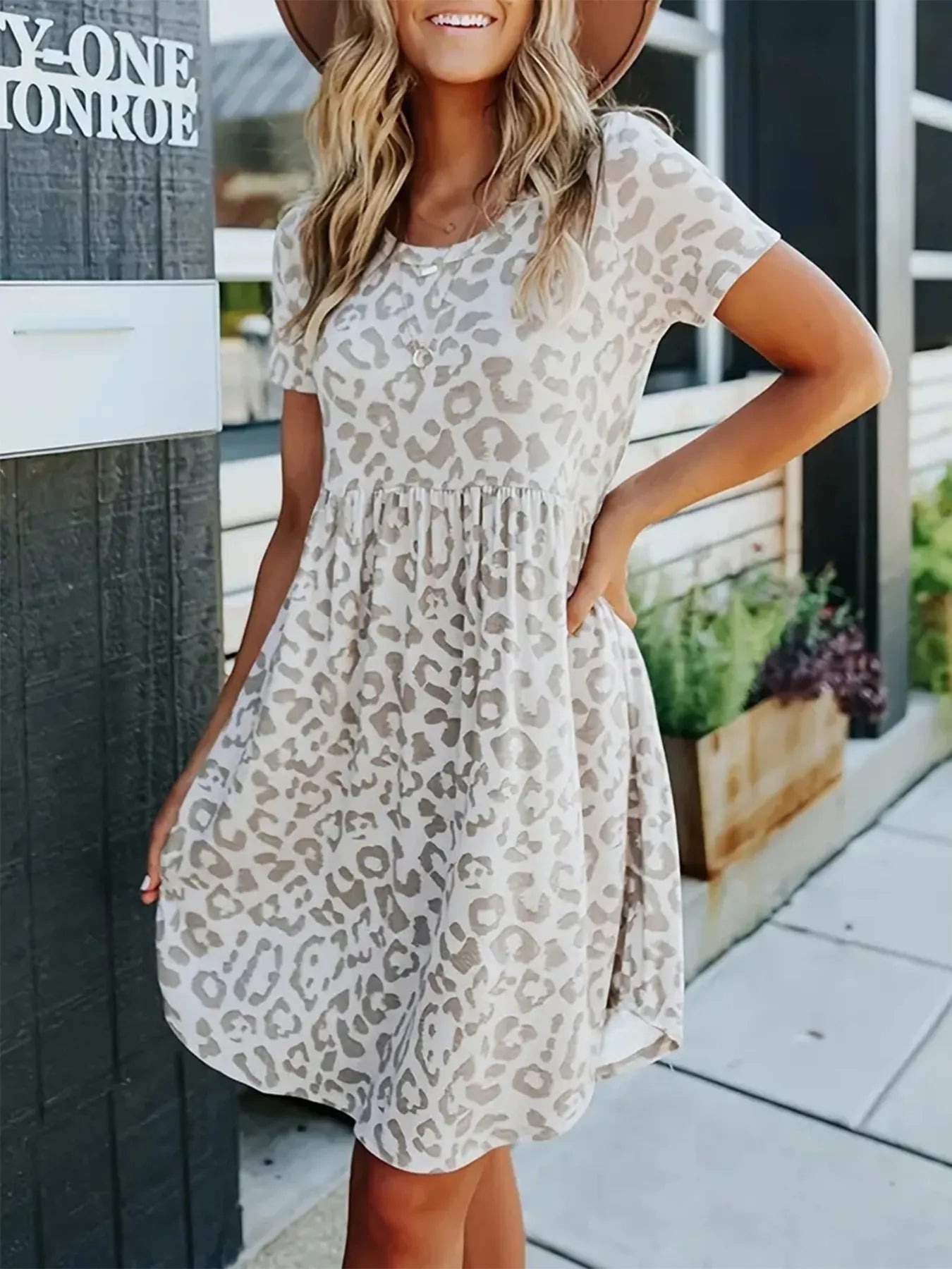 Leopard Print Short Sleeve Casual Dress - Velora Luxury Fashion