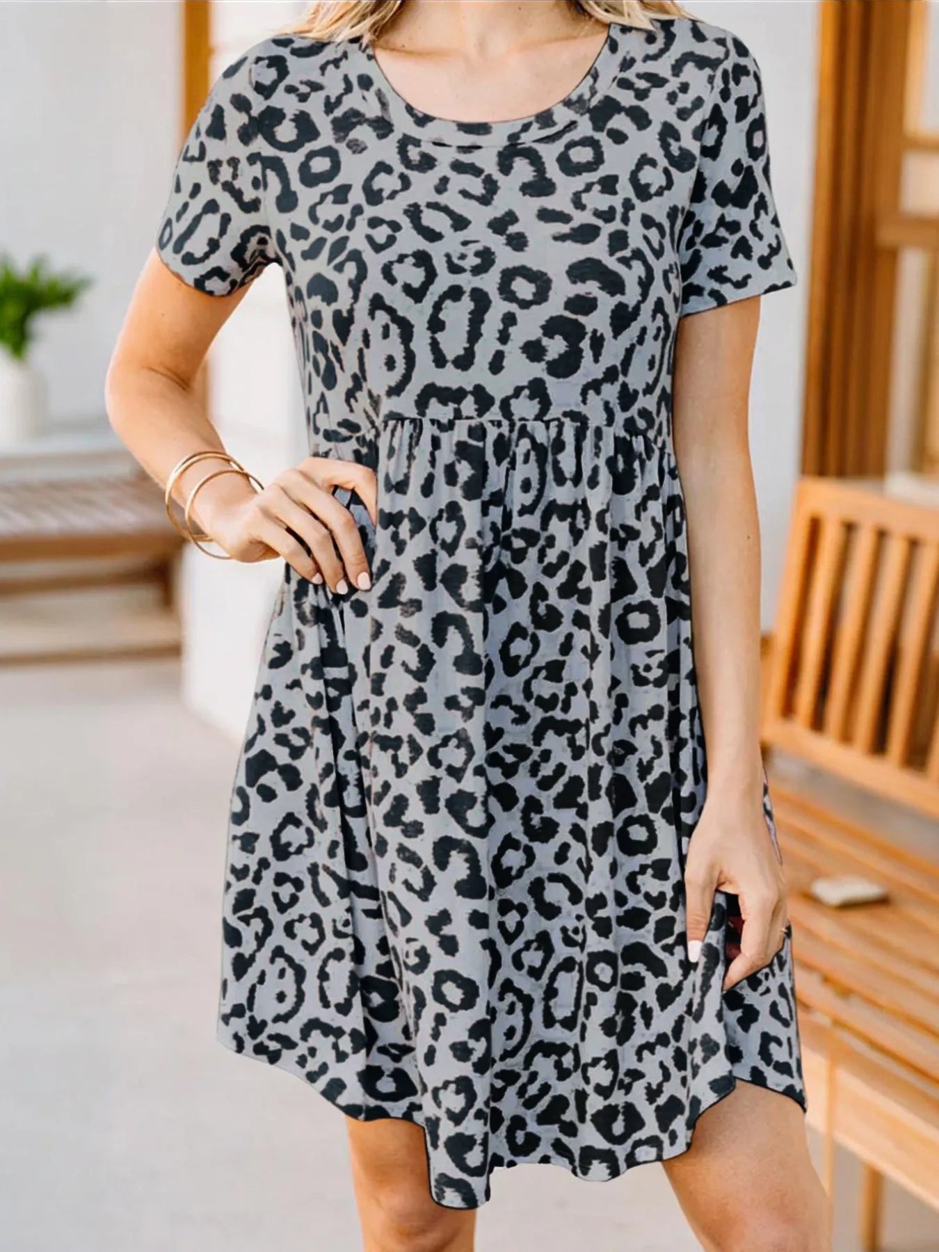 Leopard Print Short Sleeve Casual Dress - Velora Luxury Fashion