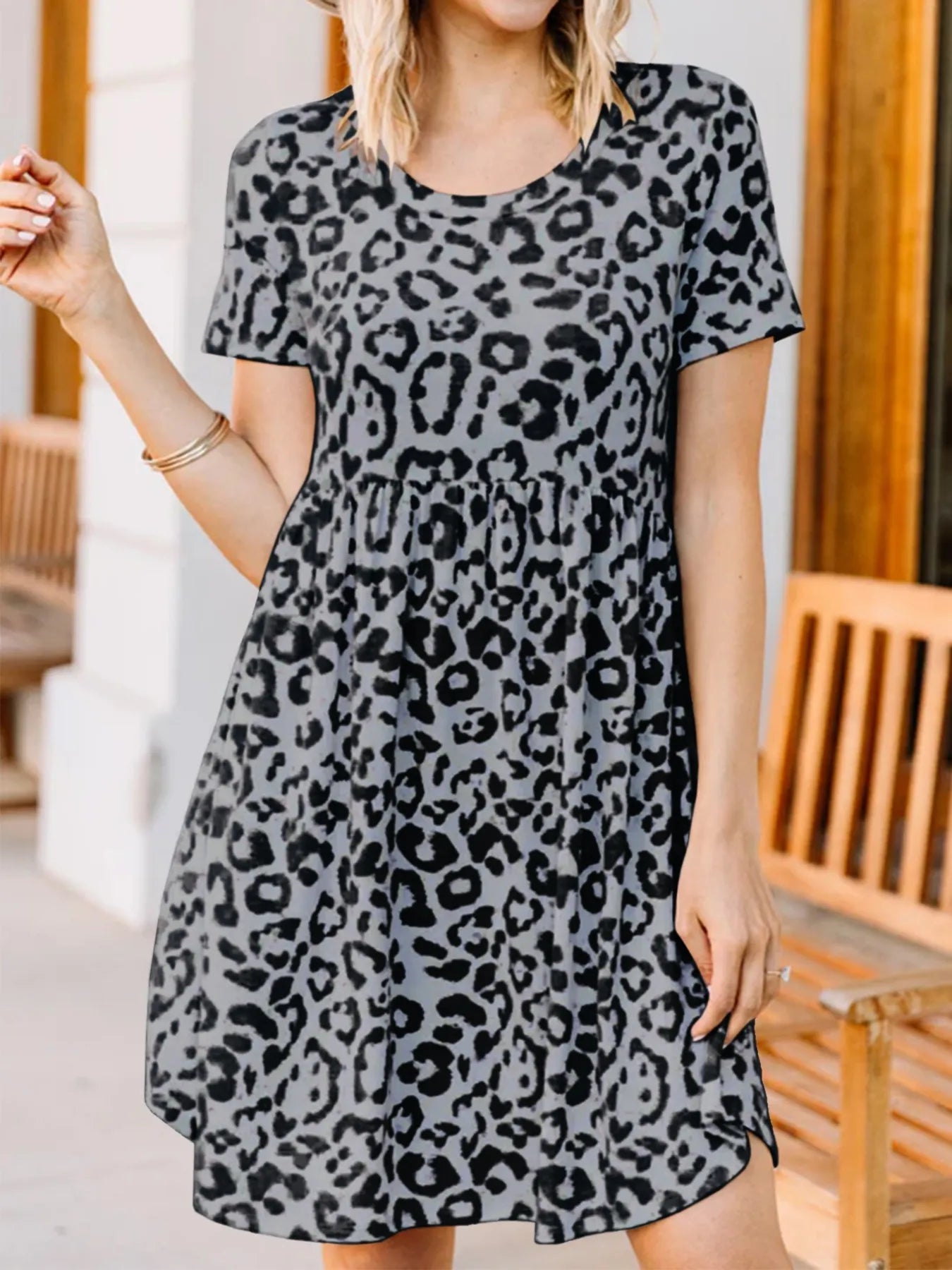 Leopard Print Short Sleeve Casual Dress - Velora Luxury Fashion