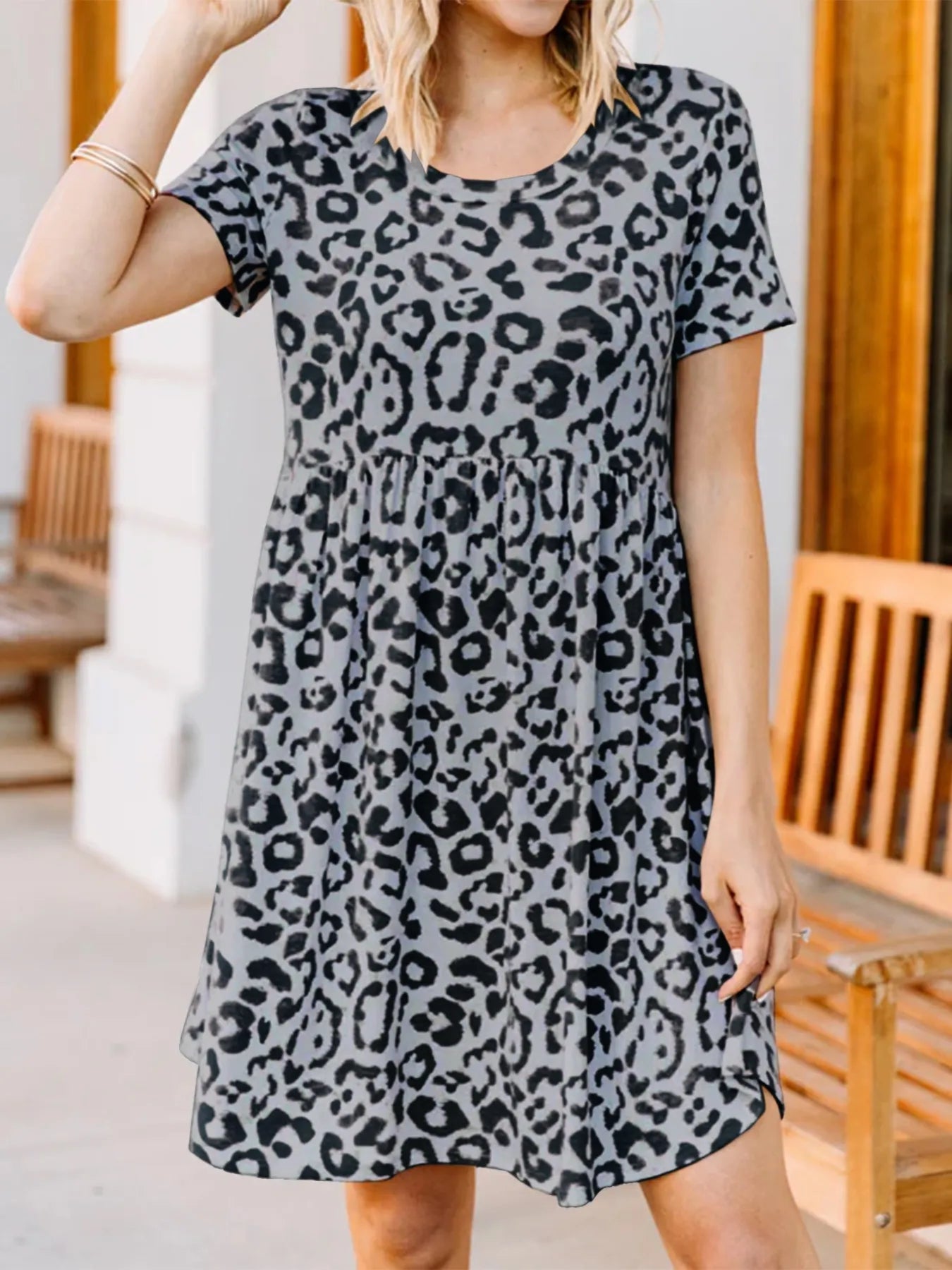 Leopard Print Short Sleeve Casual Dress - Velora Luxury Fashion