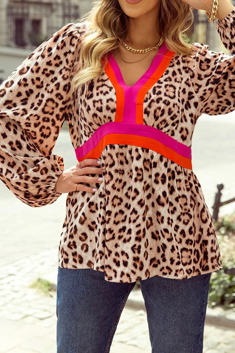 Leopard Print V-Neck Blouse with Contrast Trim - Velora Luxury Fashion