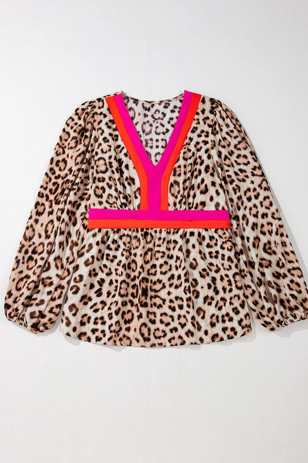 Leopard Print V-Neck Blouse with Contrast Trim - Velora Luxury Fashion