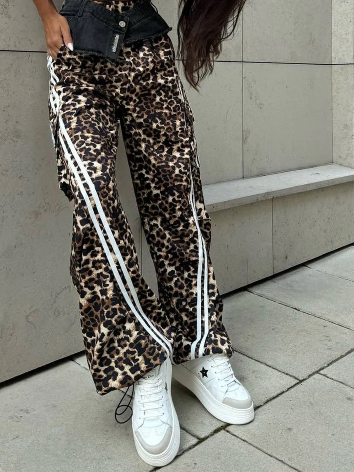 Leopard Print Wide Leg Pants with Side Stripe Detail - Velora Luxury Fashion