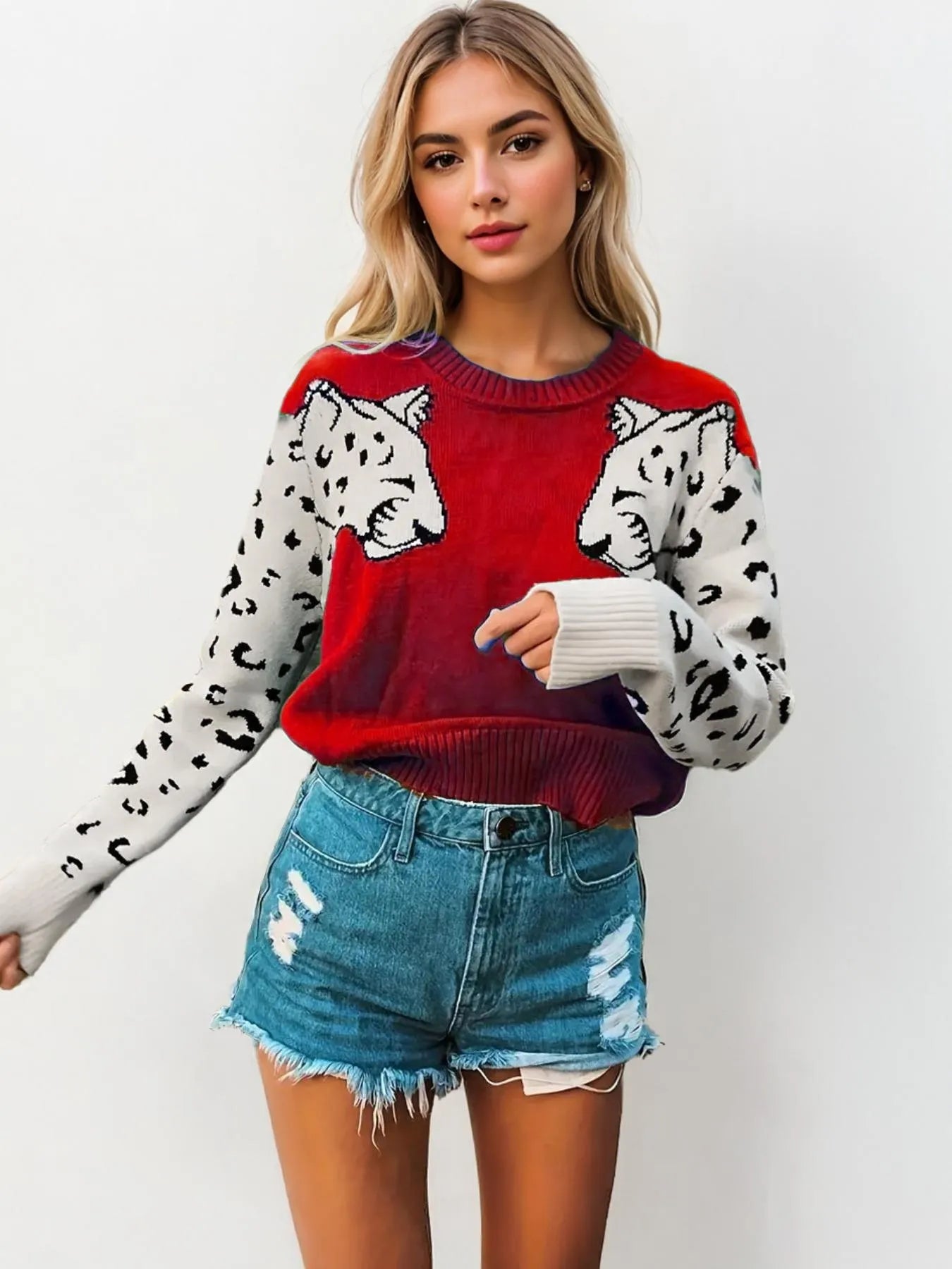 Leopard Round Neck Sweater - Velora Luxury Fashion