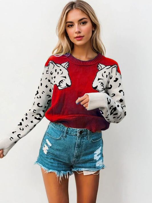 Leopard Round Neck Sweater - Velora Luxury Fashion
