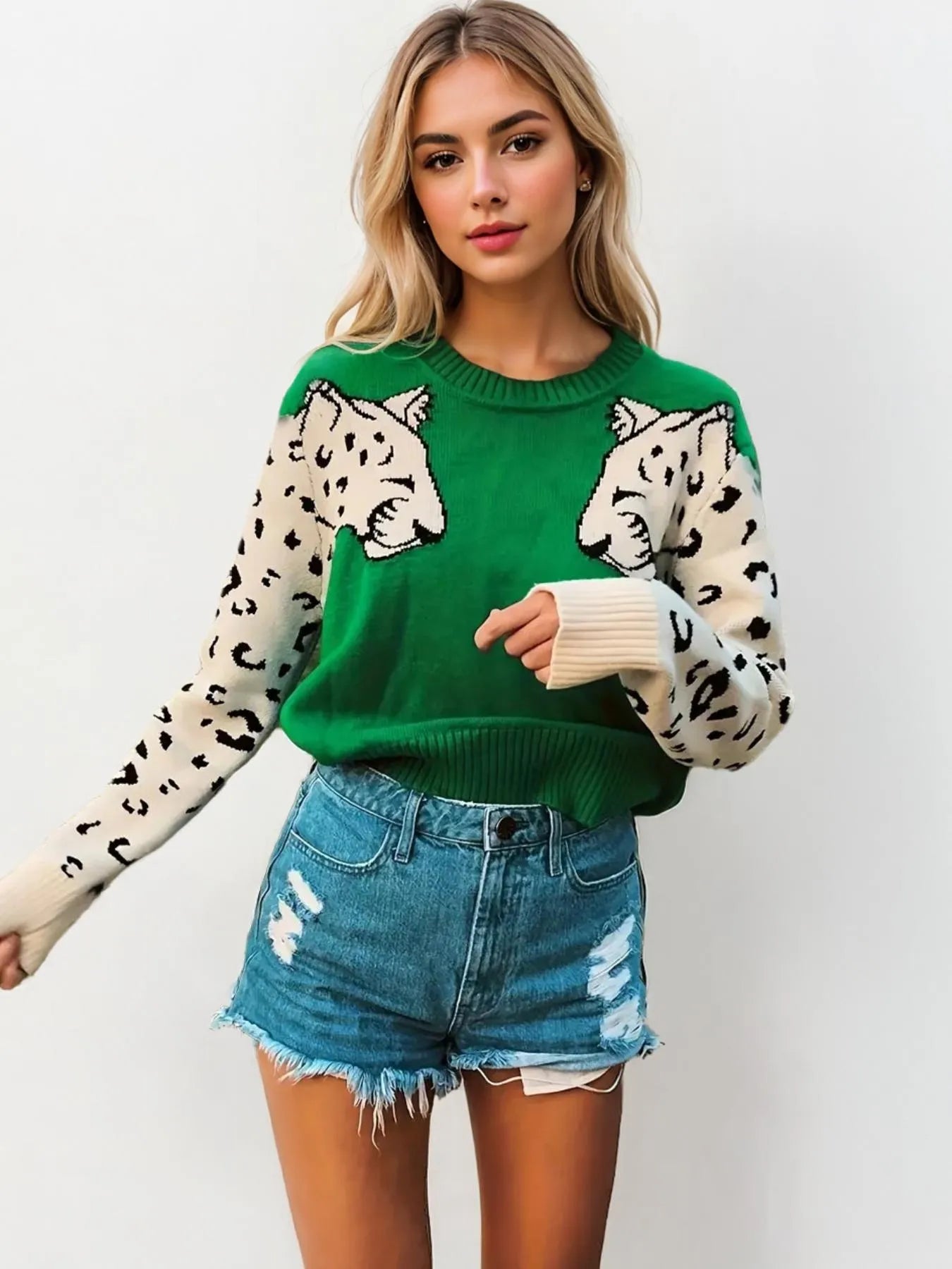 Leopard Round Neck Sweater - Velora Luxury Fashion