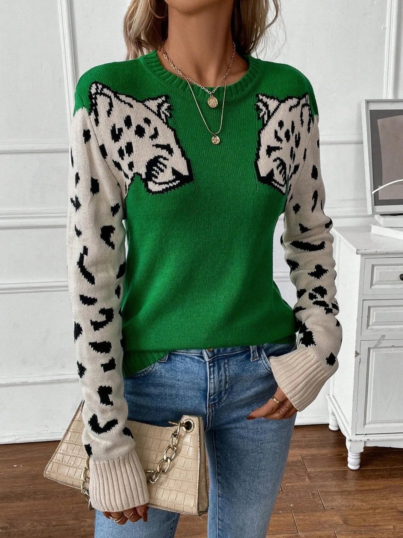 Leopard Round Neck Sweater - Velora Luxury Fashion
