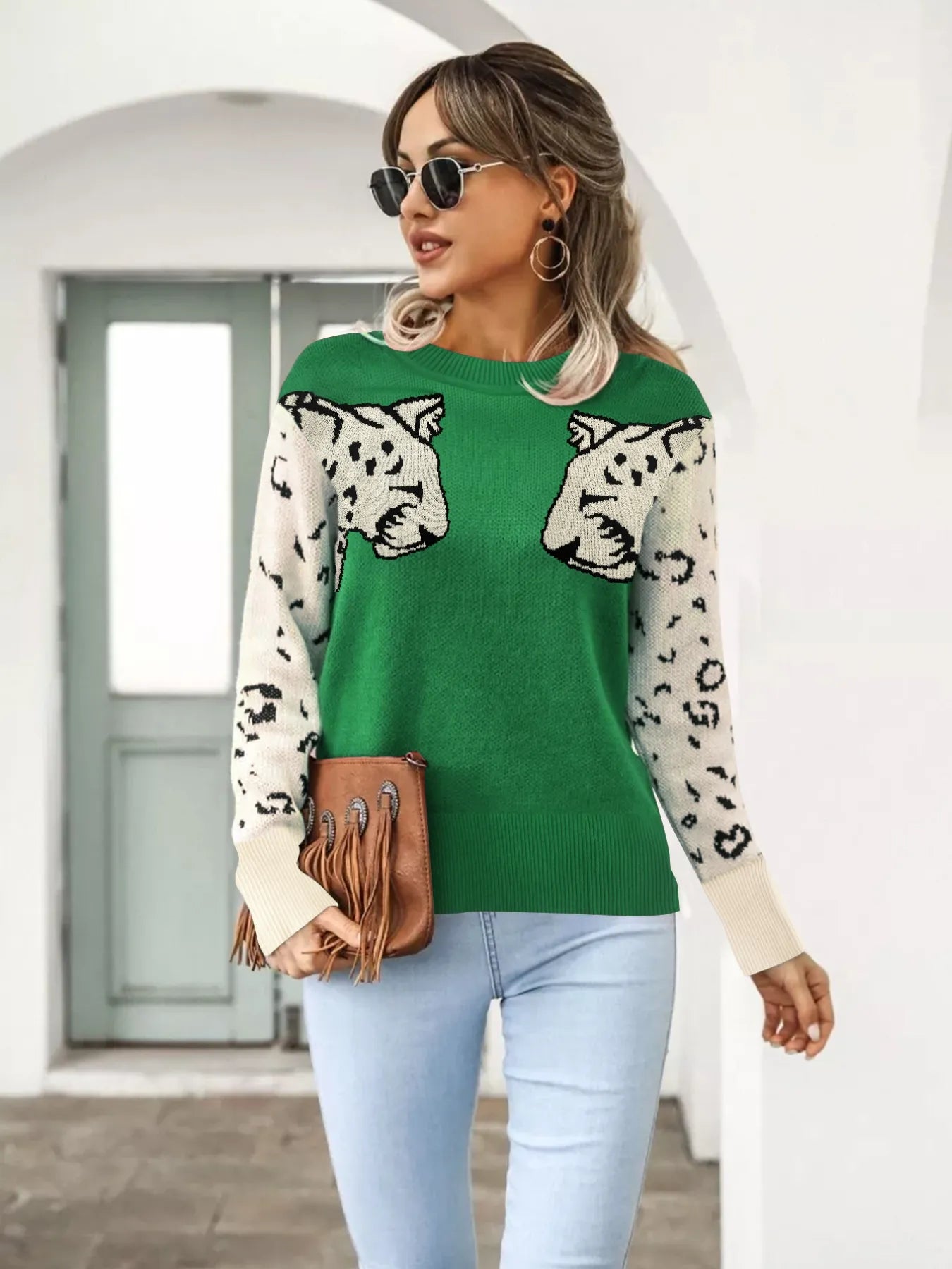 Leopard Round Neck Sweater - Velora Luxury Fashion