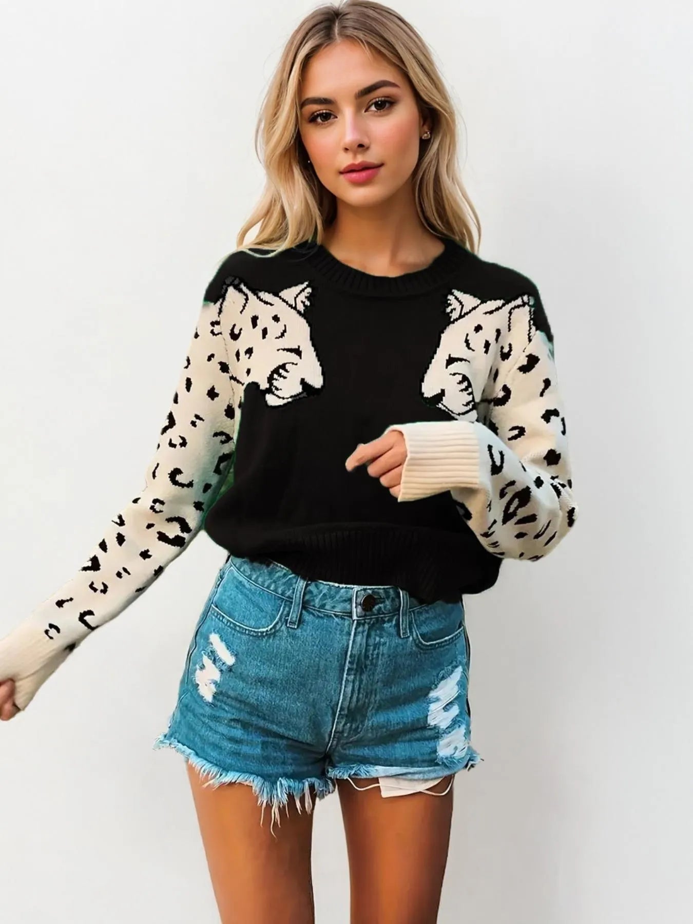 Leopard Round Neck Sweater - Velora Luxury Fashion