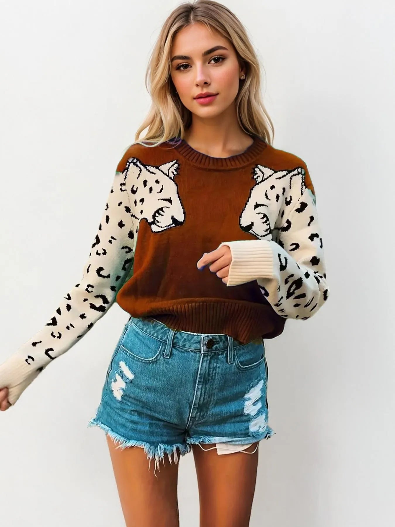 Leopard Round Neck Sweater - Velora Luxury Fashion