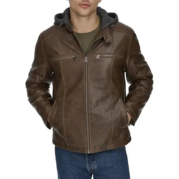 Levis Mens Faux Leather Hooded Racer Jacket Saddle XX-Large - Velora Luxury Fashion