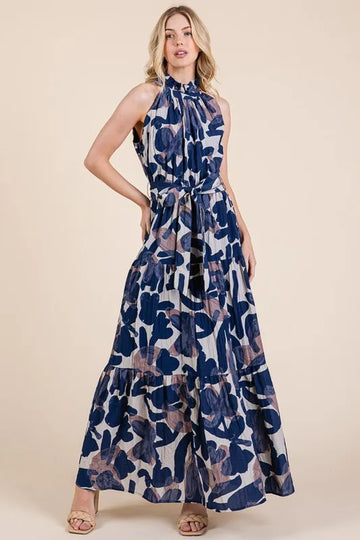 Lime 'N' Chili Abstract Halter Neck Tie-Waist Tiered Maxi Dress - Velora Luxury Fashion