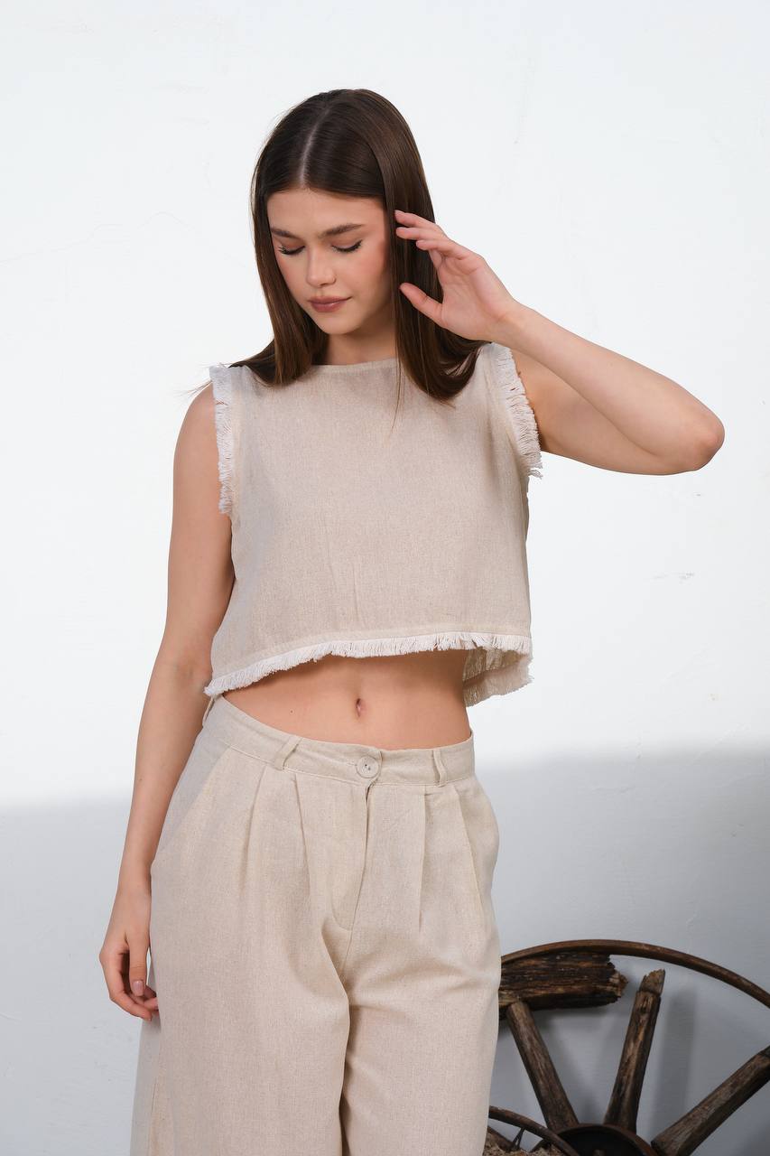 Linen Pantalone Crop-Top Set - Velora Luxury Fashion
