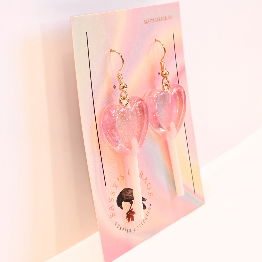 Lollipop Earrings (Pink Hearts) - Velora