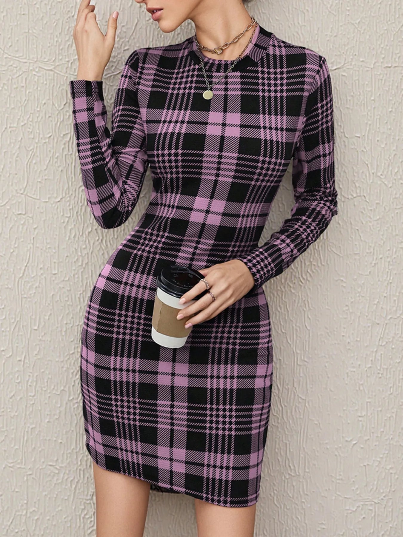 Long Sleeve Plaid Bodycon Mini Dress - Velora Luxury Fashion