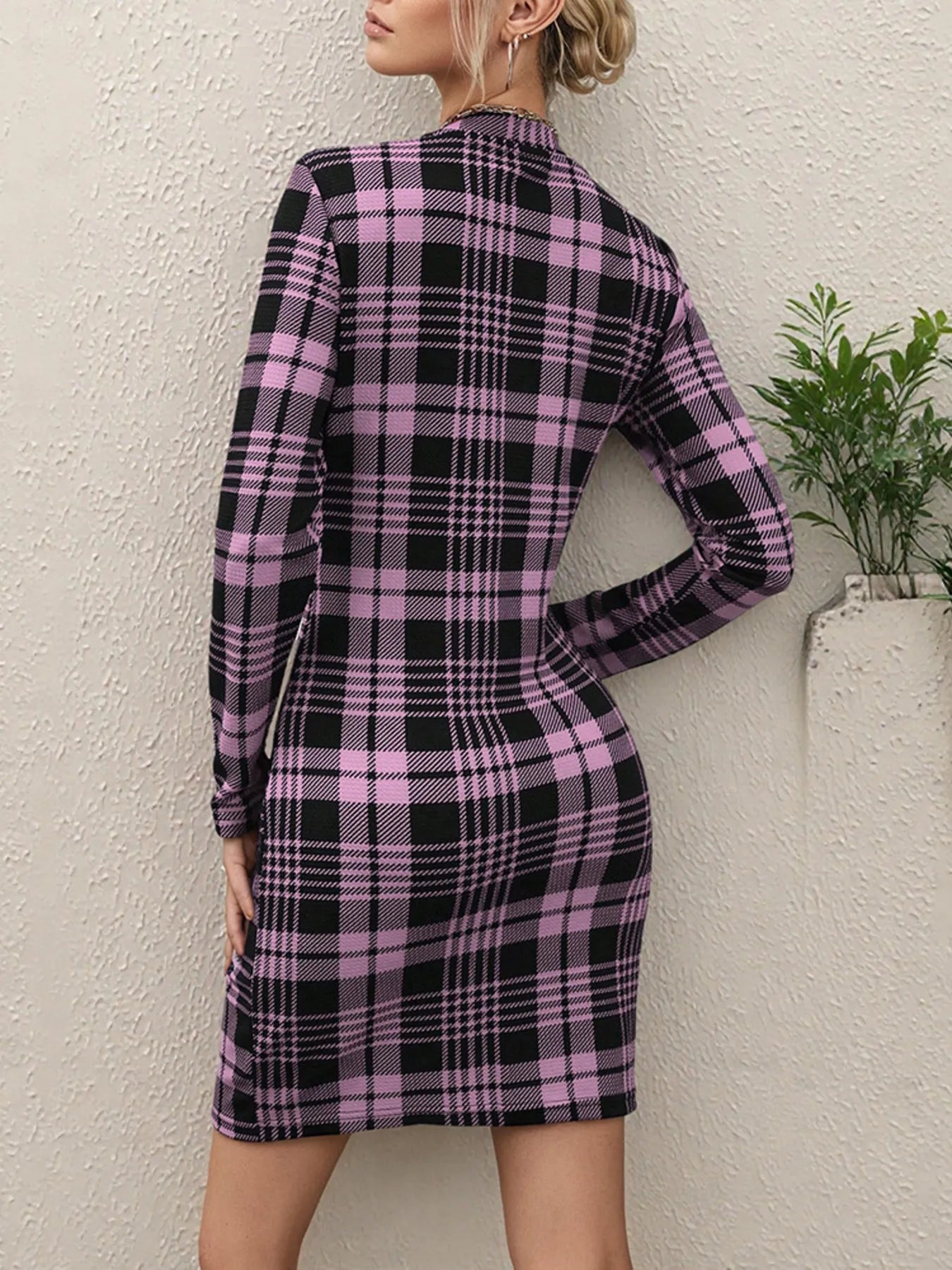 Long Sleeve Plaid Bodycon Mini Dress - Velora Luxury Fashion