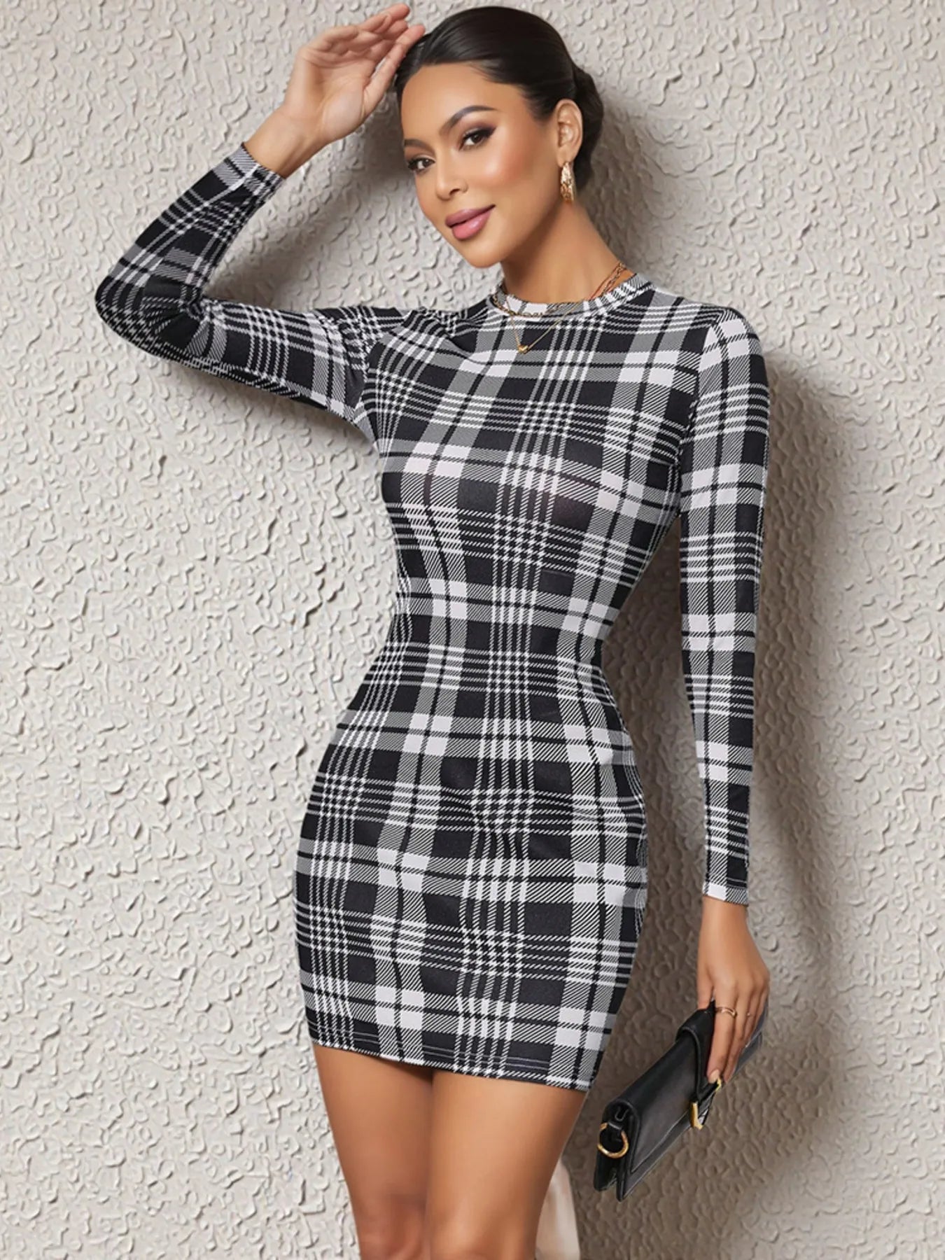 Long Sleeve Plaid Bodycon Mini Dress - Velora Luxury Fashion