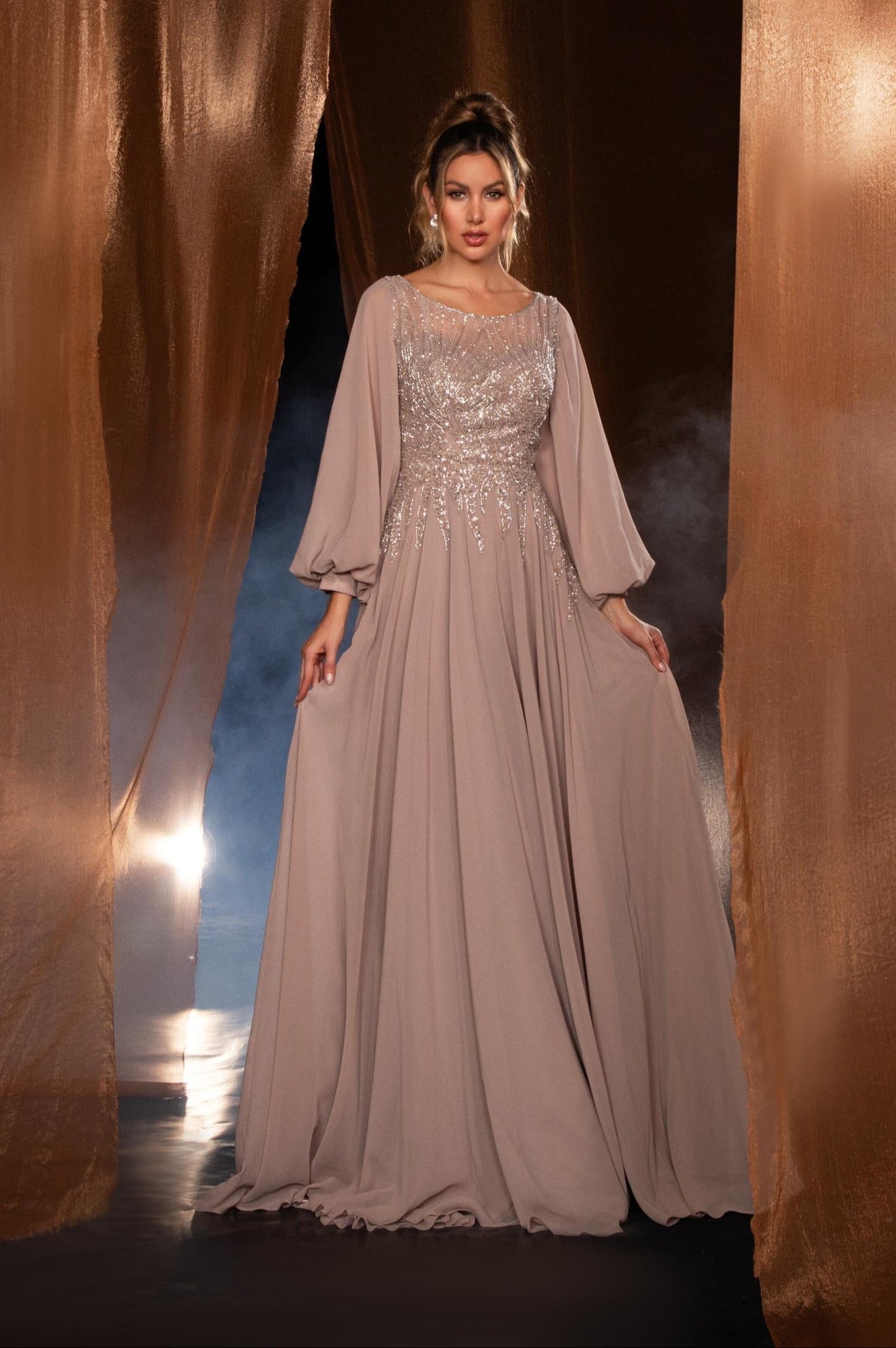 Long balloon sleeves beaded gown - Velora Luxury Fashion
