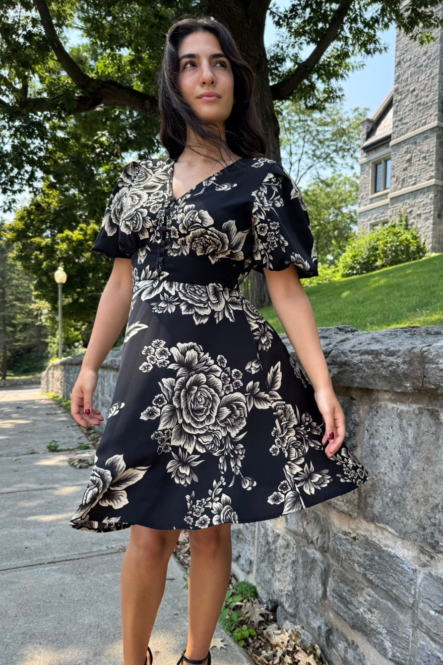 Lottie Black Floral Fit and Flare Dress Flowy Sleeves - Velora Luxury Fashion
