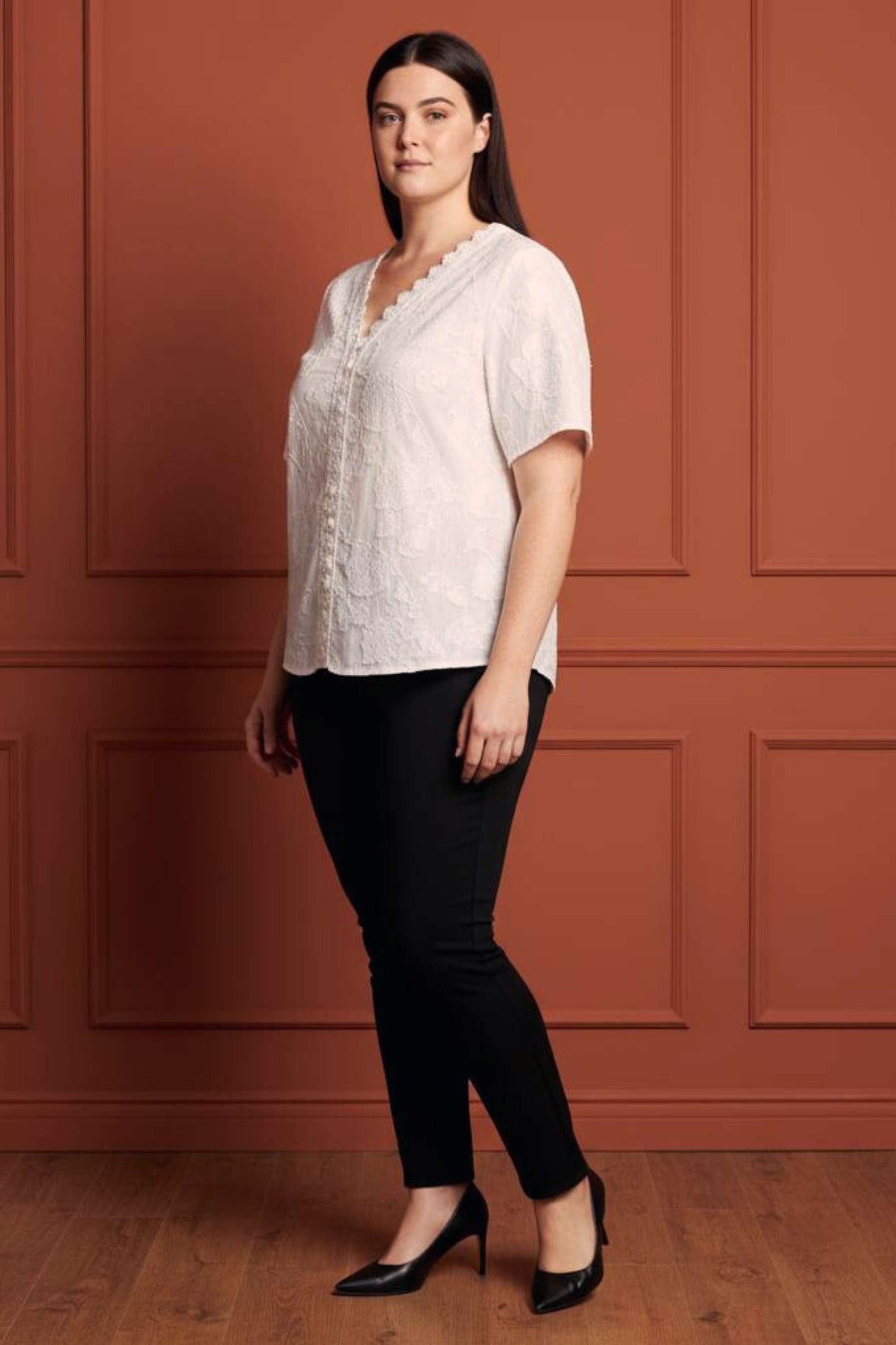 Lucie Embroidered V-Neck Blouse Lace Trim Flutter Sleeves Women - Velora Luxury Fashion