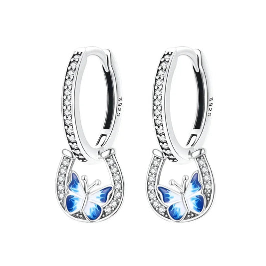 Lucky Charm Blue Butterfly Sterling Silver Hoop Earrings - Velora Luxury Fashion