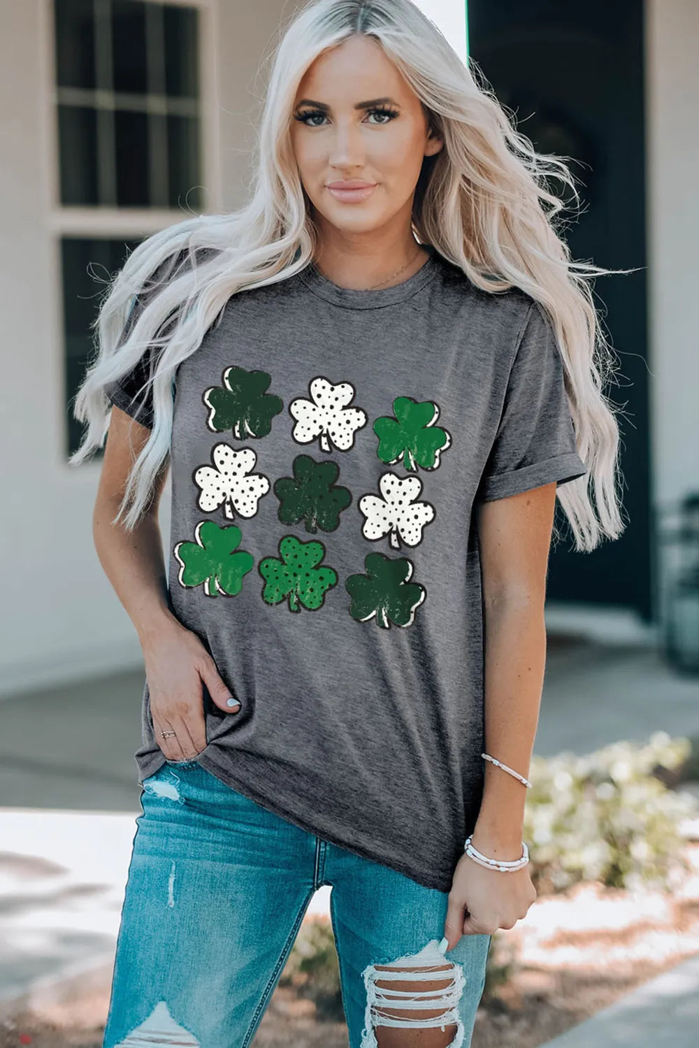 Lucky Clover Round Neck Short Sleeve T-Shirt - Velora Luxury Fashion