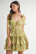 MABLE Floral Print Shoulder Tie Layered Mini Dress - Velora Luxury Fashion