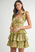 MABLE Floral Print Shoulder Tie Layered Mini Dress - Velora Luxury Fashion