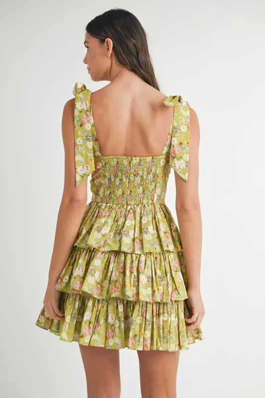 MABLE Floral Print Shoulder Tie Layered Mini Dress - Velora Luxury Fashion