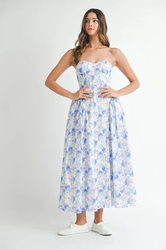 MABLE Sweetheart Neckline Floral Printed Midi Dress - Velora Luxury Fashion