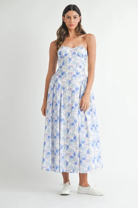 MABLE Sweetheart Neckline Floral Printed Midi Dress - Velora Luxury Fashion