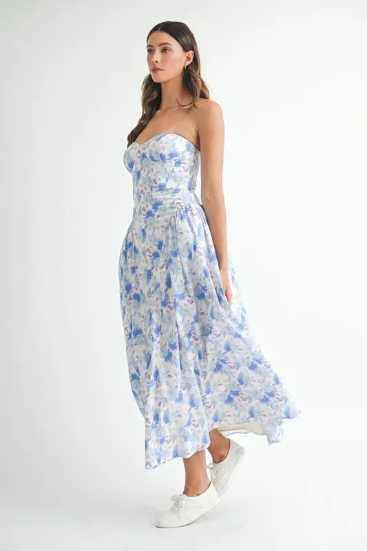 MABLE Sweetheart Neckline Floral Printed Midi Dress - Velora Luxury Fashion