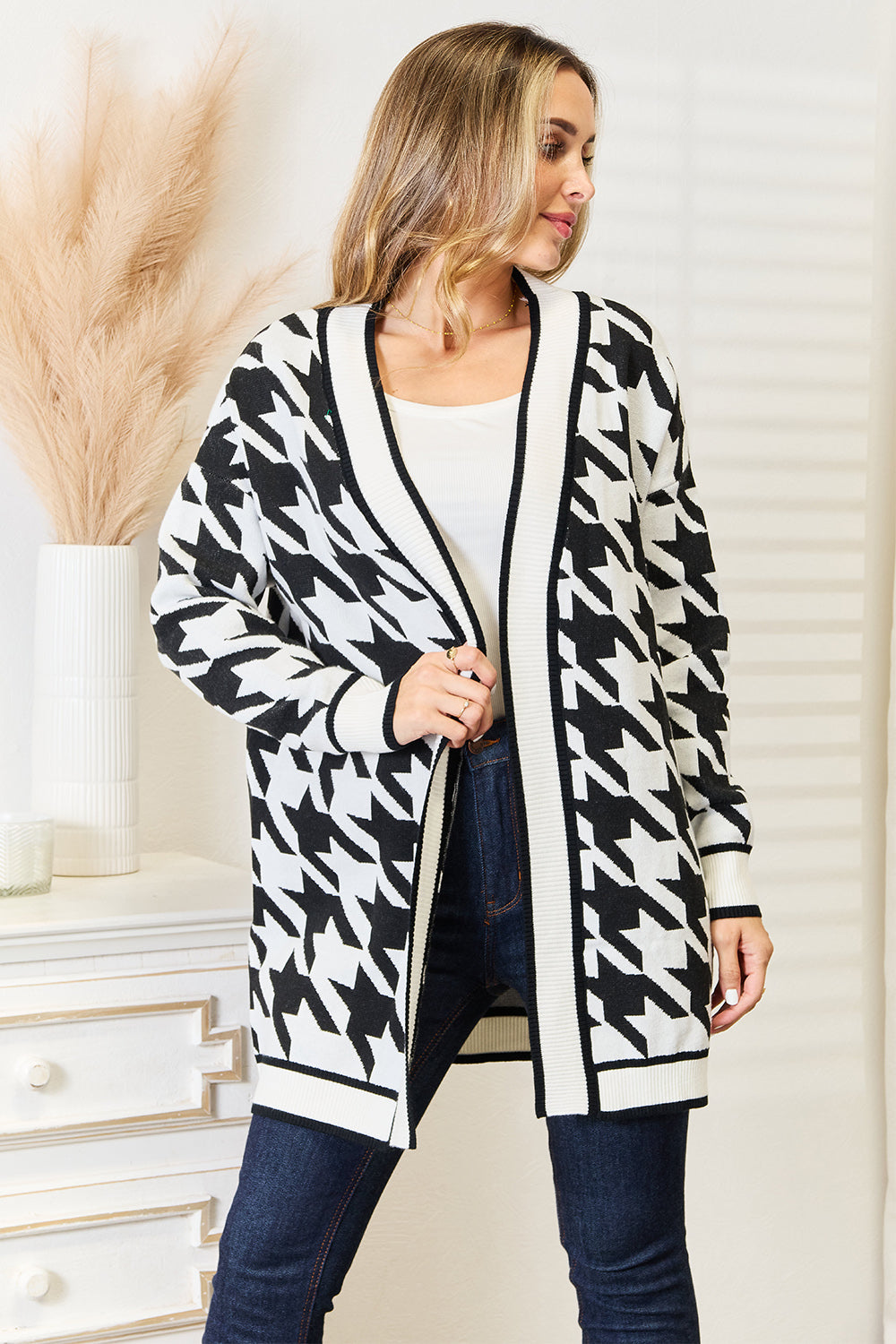 Mandy Woven Right Houndstooth Open Front Longline Cardigan - Velora Luxury Fashion