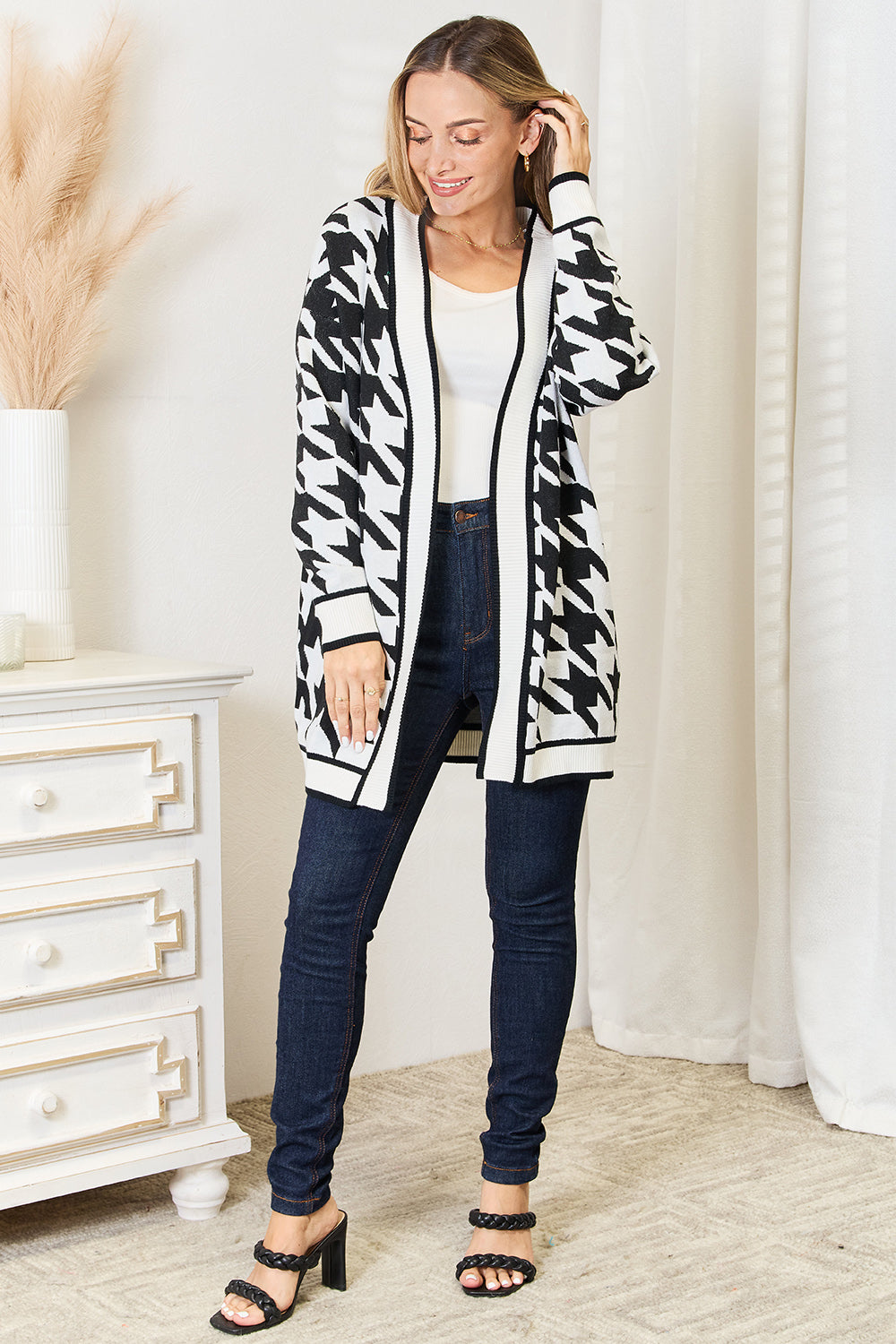 Mandy Woven Right Houndstooth Open Front Longline Cardigan - Velora Luxury Fashion
