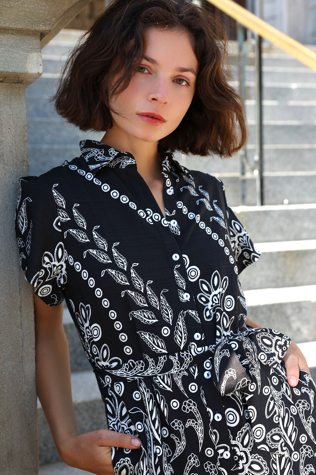 Margaux Black Print Shirt Dress Tie Waist Pockets
