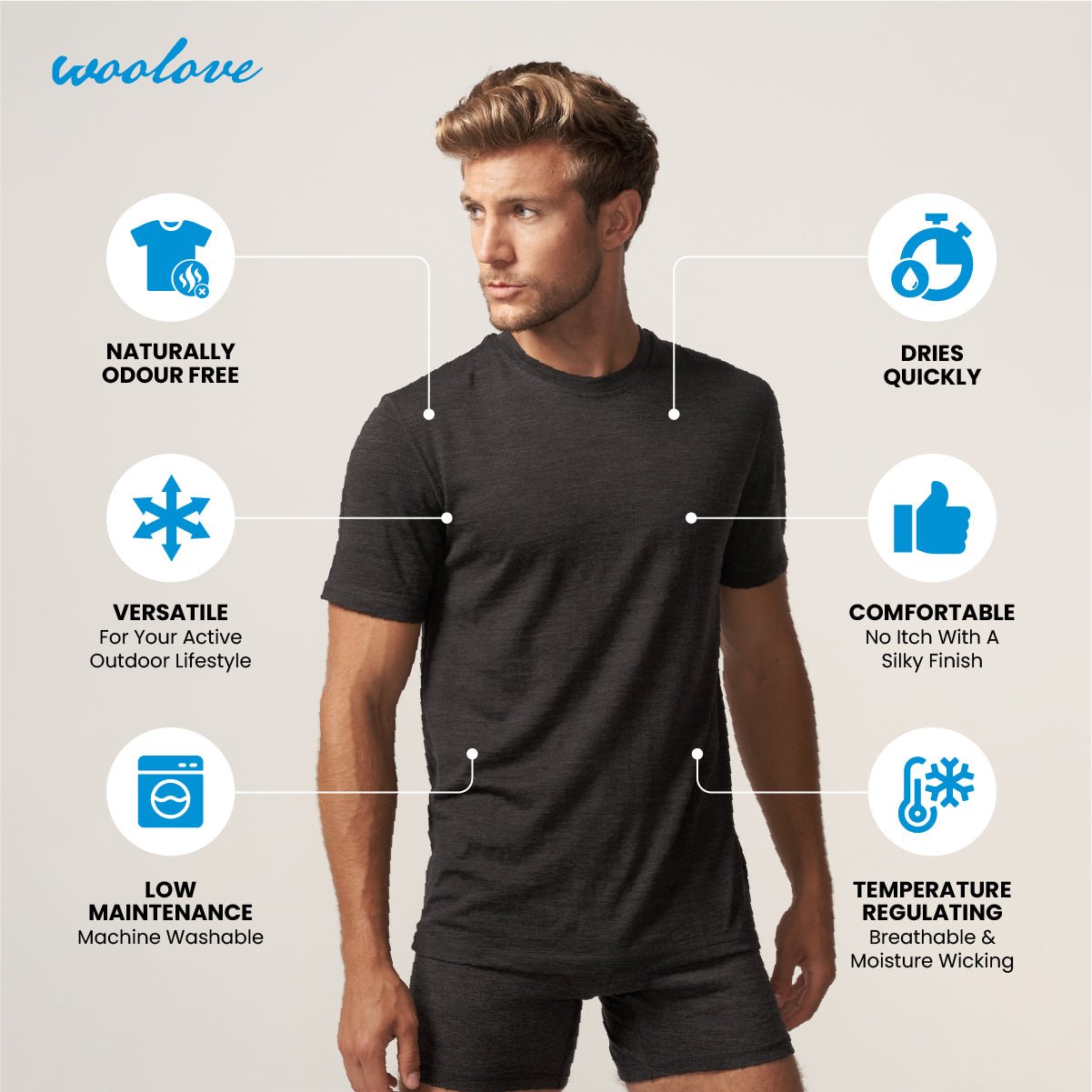 Men's 100% Merino Wool Short Sleeve T-Shirt 180 GSM - Lightweight - Velora Luxury Fashion
