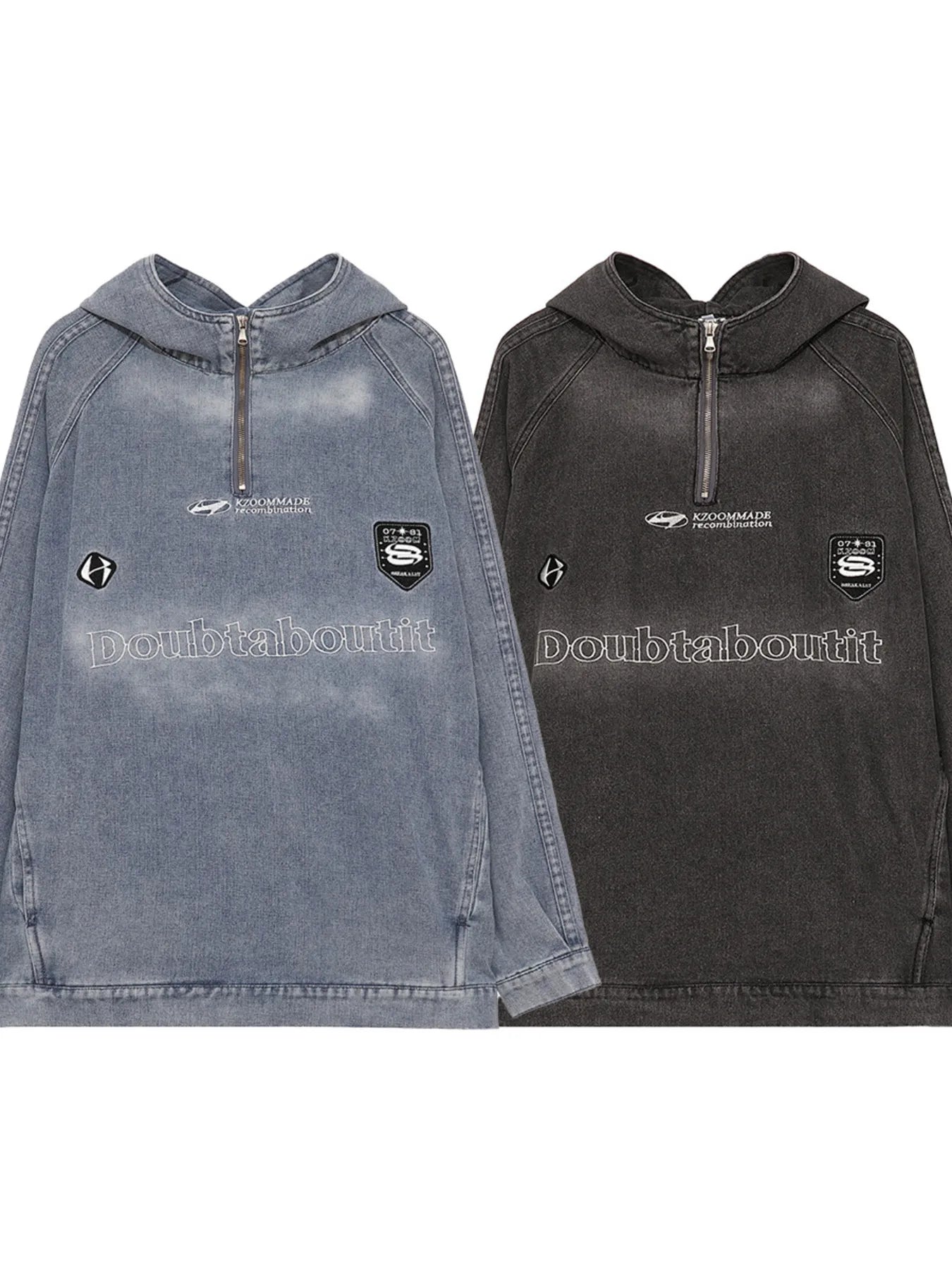 Men's Casual Quarter Zip Letter Washed Denim Hoodie - Velora