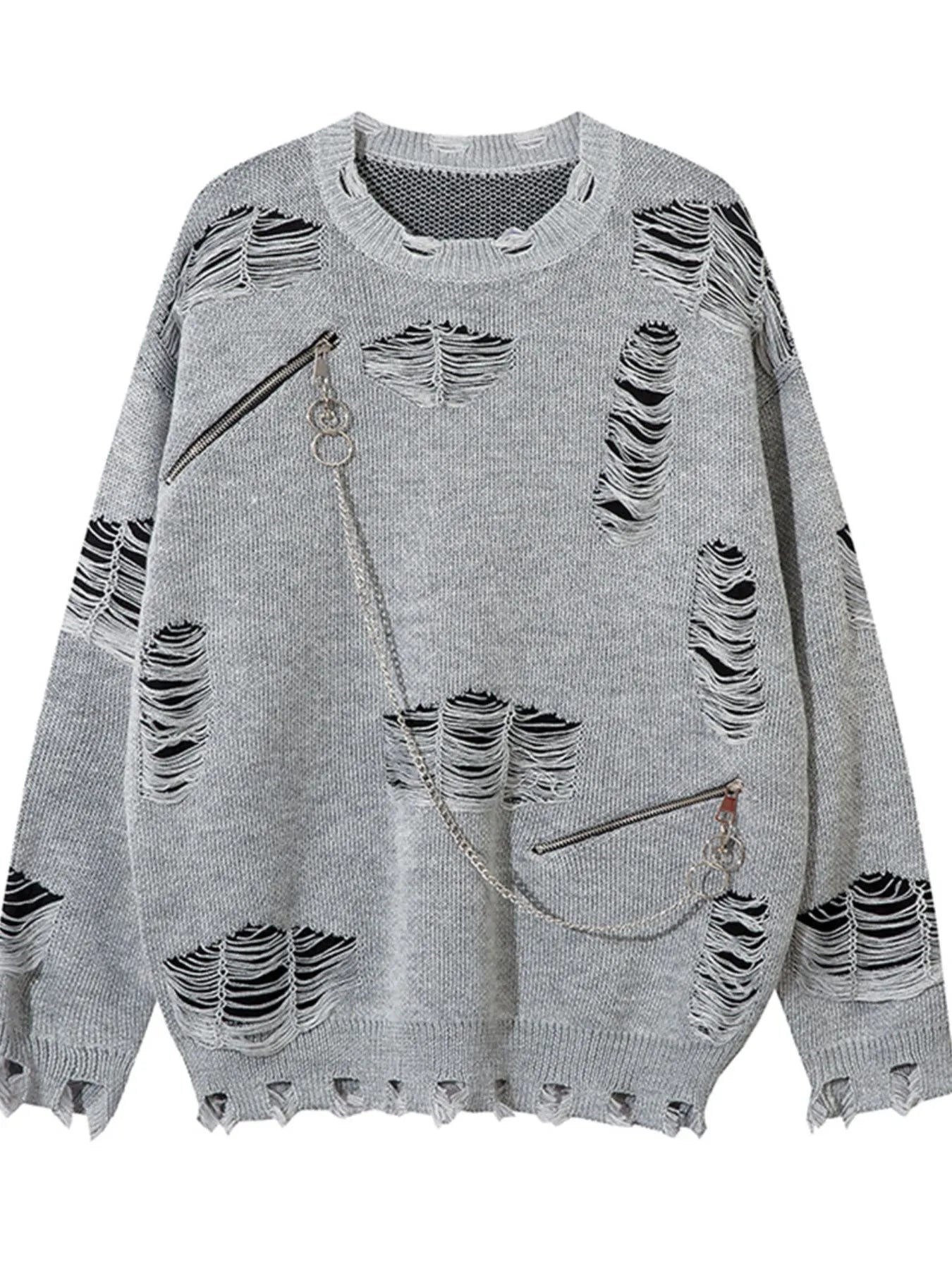 Men's Distressed Chain Detail Oversized Sweater - Velora Luxury Fashion