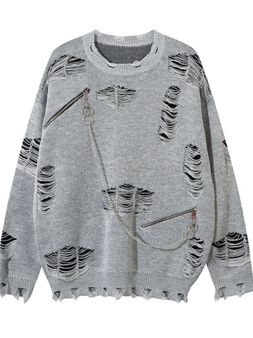 Men's Distressed Chain Detail Oversized Sweater - Velora Luxury Fashion