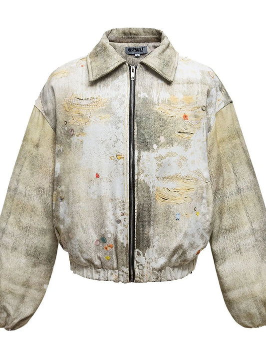 Men's Distressed Paint Splatter Zip Up Jacket - Velora