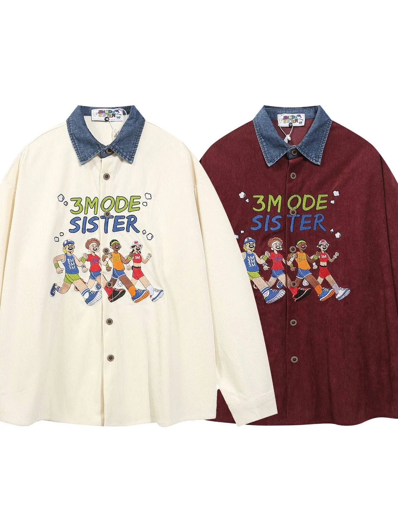 Men's Embroidered Denim Collared Corduroy Long-Sleeved Shirt - Velora Luxury Fashion