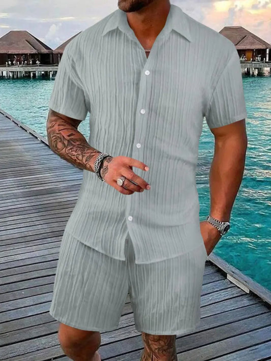 Men's Full Size Button Down Short Sleeve Shirt and Shorts Set Plus Size - Velora