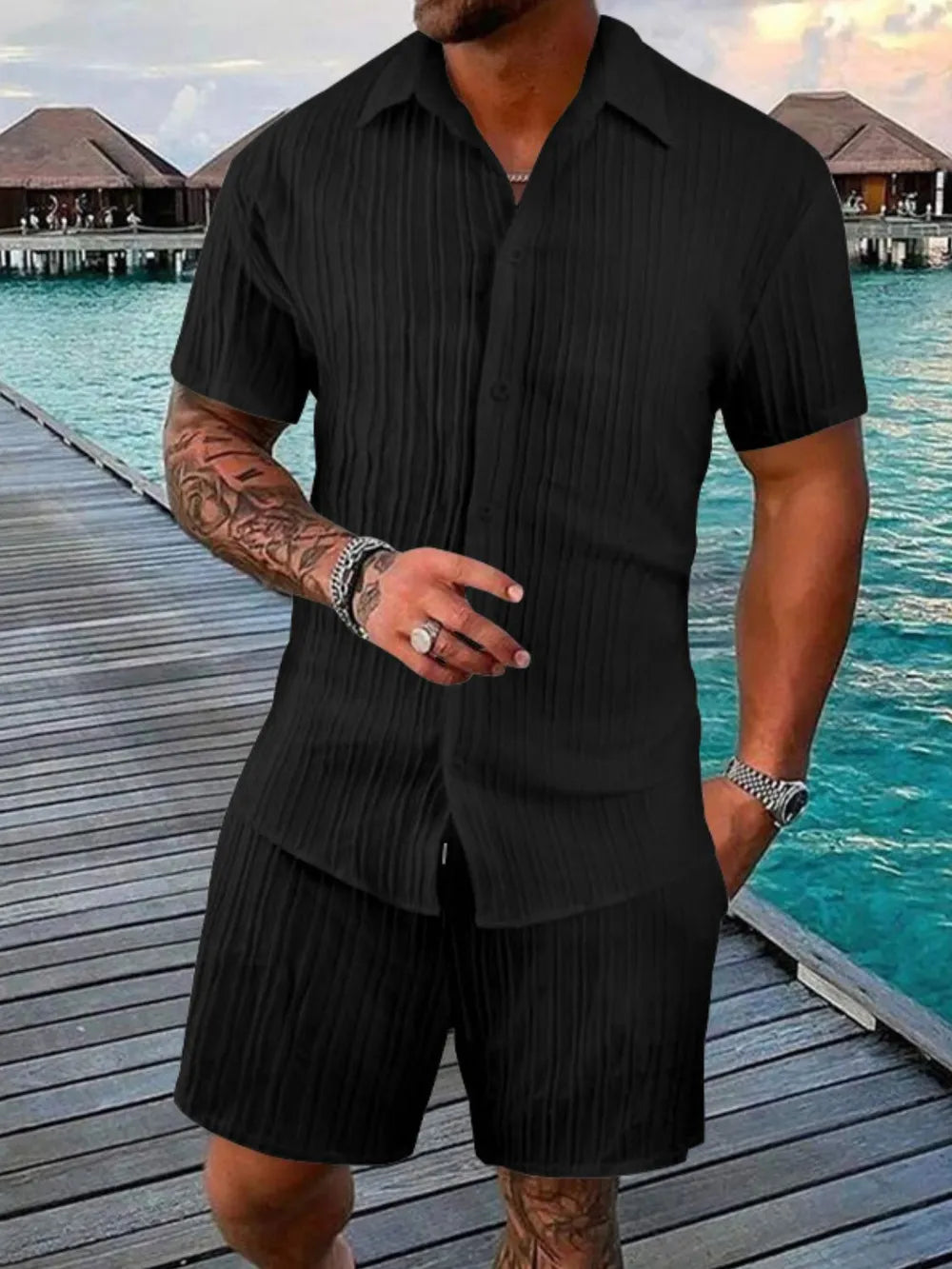 Men's Full Size Button Down Short Sleeve Shirt and Shorts Set Plus Size - Velora Luxury Fashion