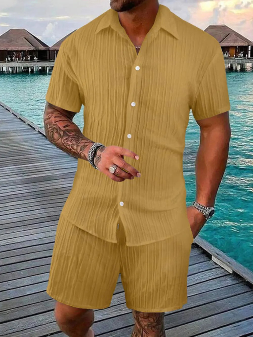 Men's Full Size Button Down Short Sleeve Shirt and Shorts Set Plus Size - Velora Luxury Fashion