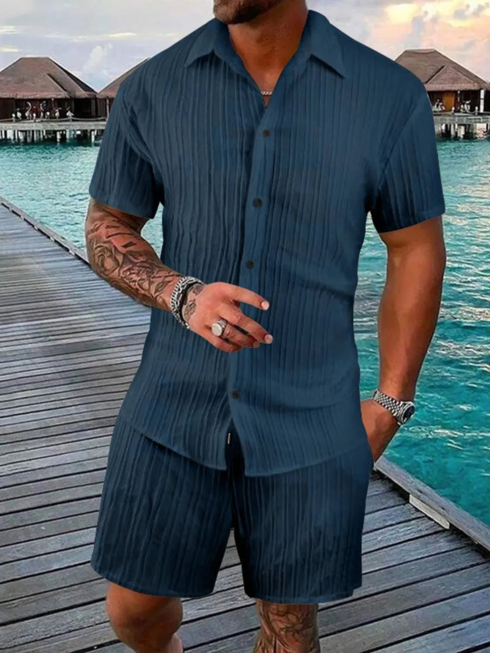 Men's Full Size Button Down Short Sleeve Shirt and Shorts Set Plus Size - Velora Luxury Fashion