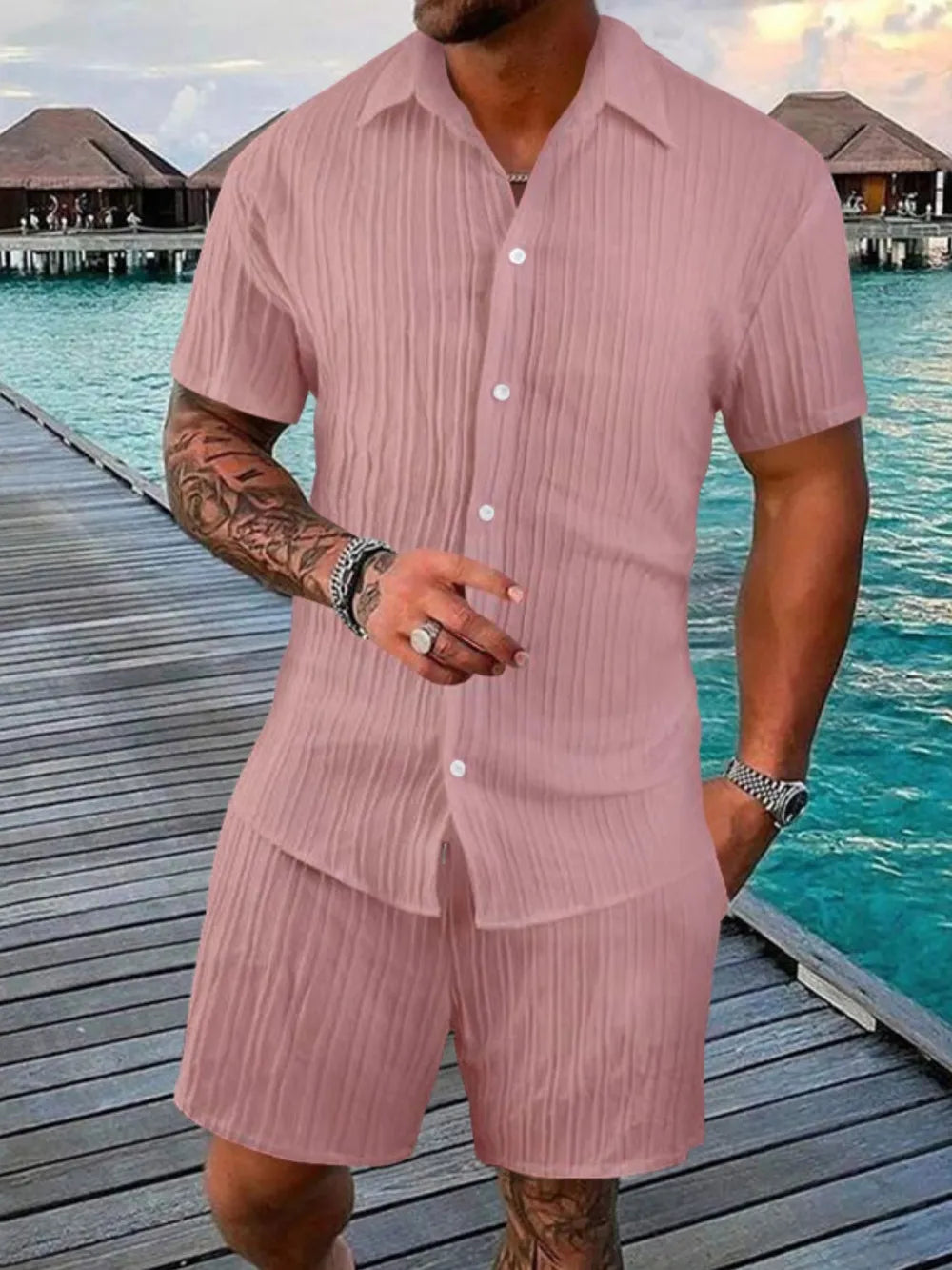 Men's Full Size Button Down Short Sleeve Shirt and Shorts Set Plus Size - Velora Luxury Fashion
