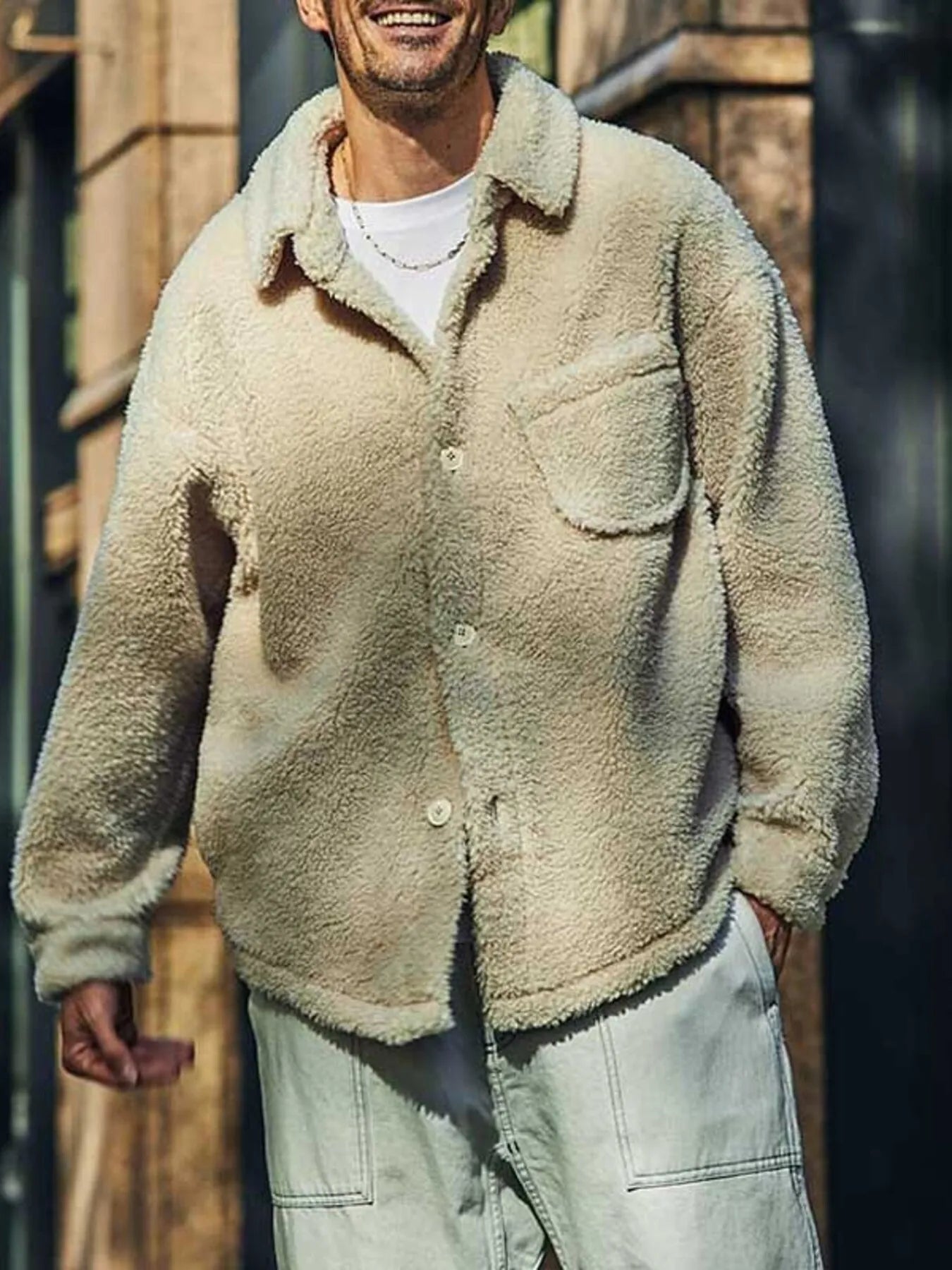 Men's Full Size Button Up Drop Shoulder Sherpa Jacket Plus Size - Velora Luxury Fashion