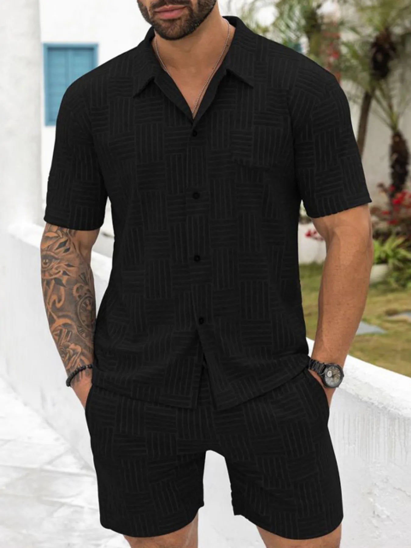 Men's Full Size Button Up Short Sleeve Top and Shorts Set Plus Size - Velora Luxury Fashion